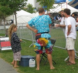 Tie-dye man and longhair boy